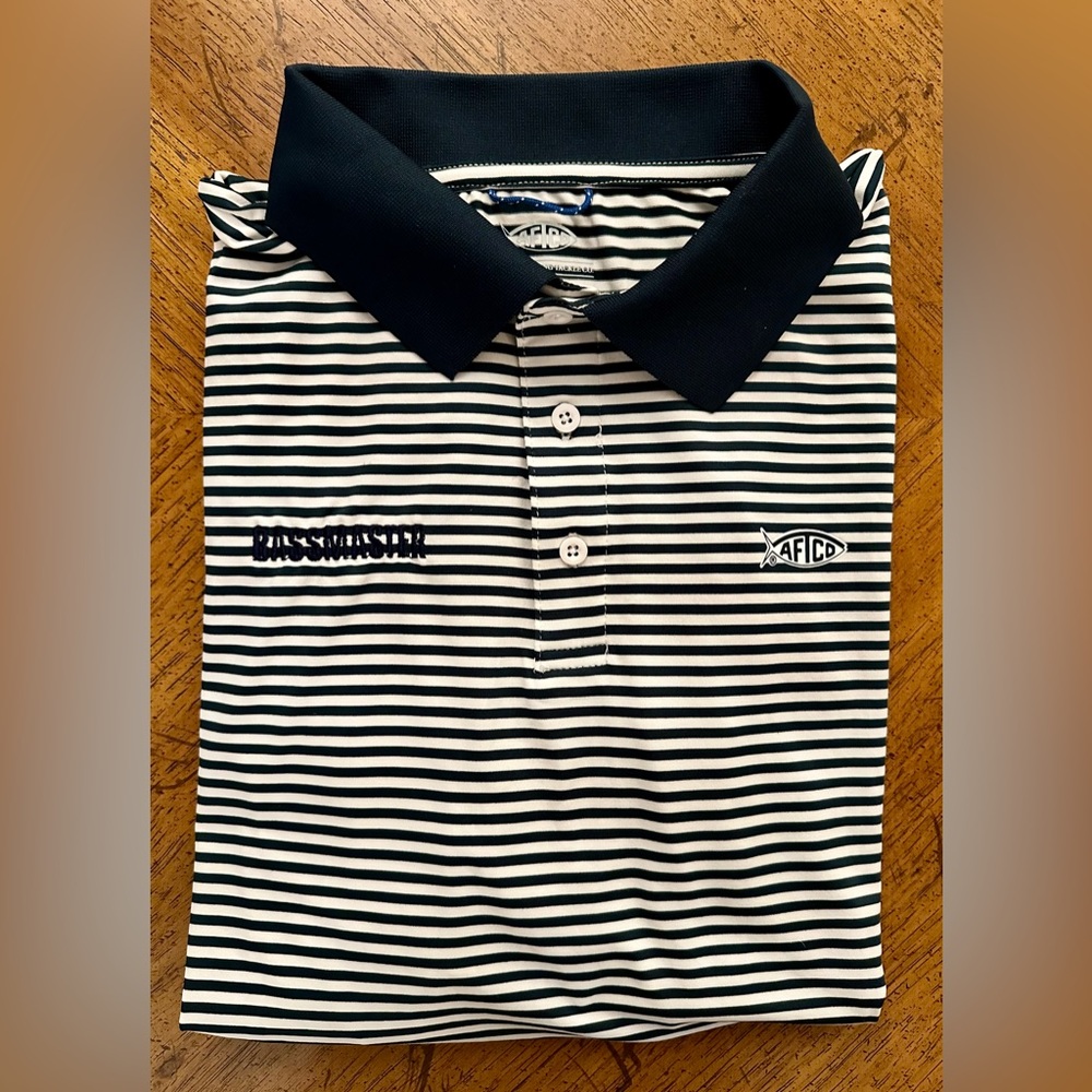 AFTCO Men's BASSMASTERS AFTECH Polo Large Blue White Striped Short Sleeve NWOT